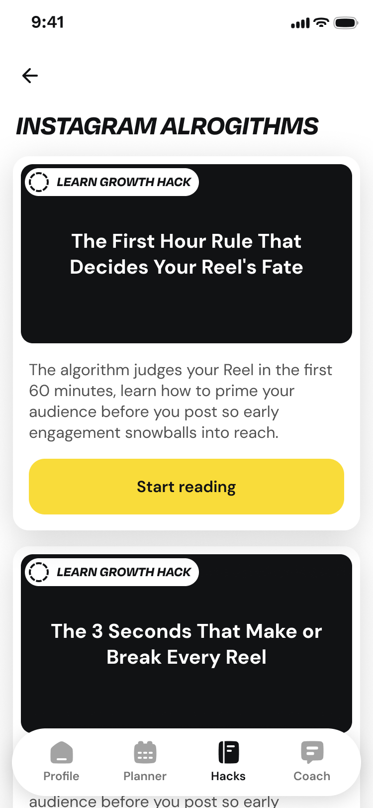 App screenshot — Growth hacks
